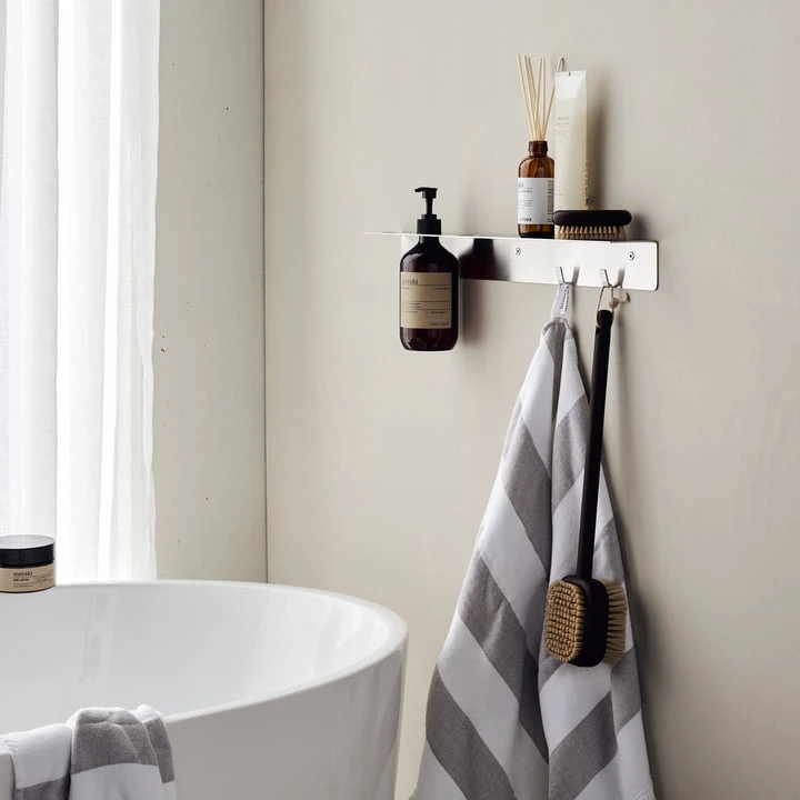 Meraki - Shelf With Bottle Holder And Hook Bar, Brushed Silver Finish - Image 2