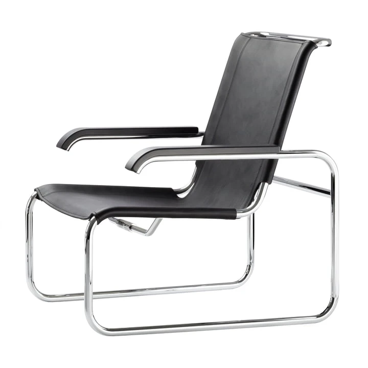 Thonet - S 35 L Lounge Chair, Chrome / Black Leather / Black Stained Beech Armrests (TP 29)