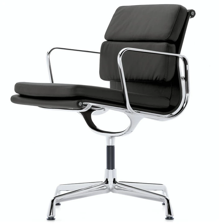 Vitra - EA 208 Soft Pad Chair Aluminum Polished With Armrests, Swivel, Leather Premium Black