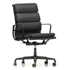 Vitra - EA 219 Soft Pad Office Chair Coated Deep Black With Armrests, Leather Premium F Nero (hard Floor Castors)