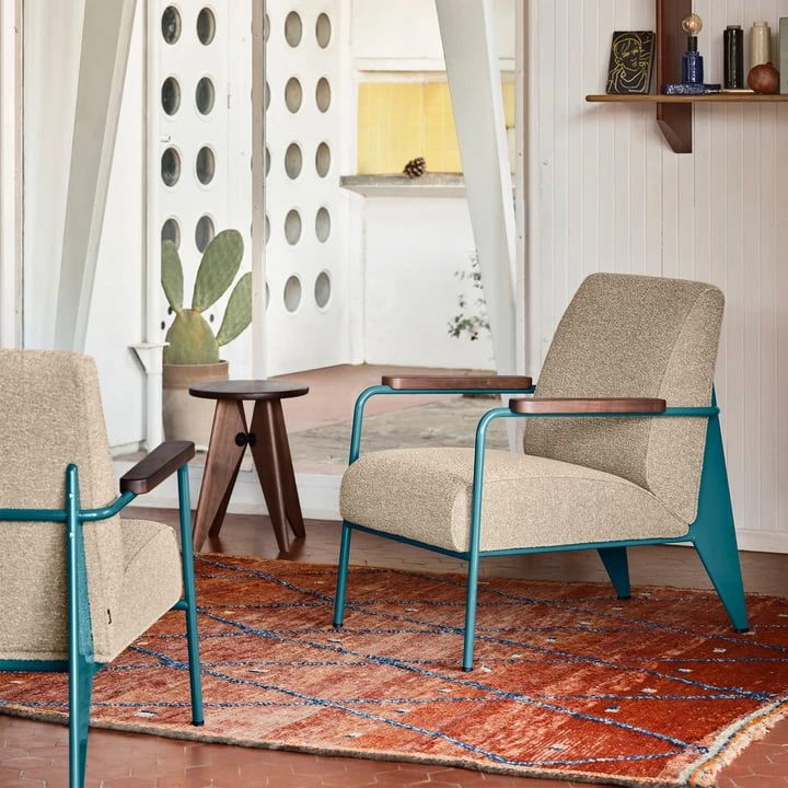 Vitra - Fauteuil De Salon Armchair, Nubia Bamboo / Terra, Prouvé Bleu Dynastie Powder Coated, Walnut Armrests - Image 6