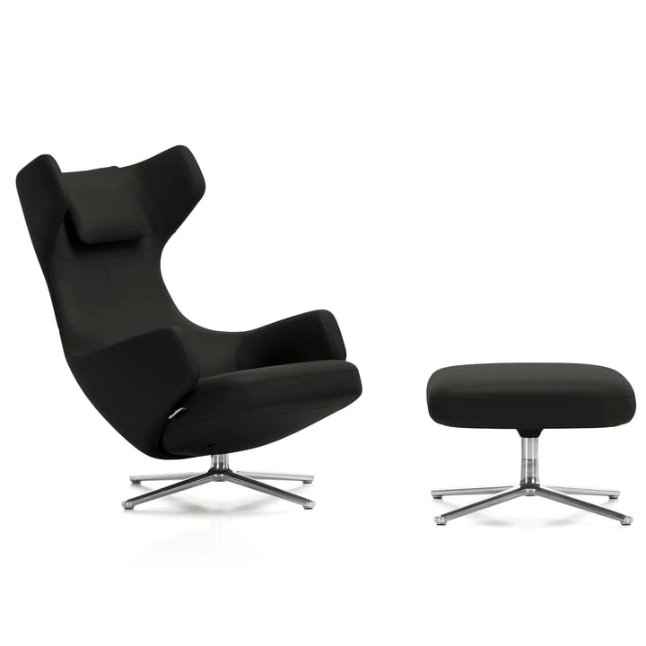 Vitra - Grand Repos Armchair & Ottoman, Aluminum Polished / Leather L20 Black (66 Nero) (felt Glides)